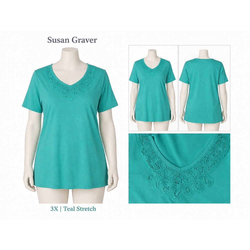 Susan Graver Womens 3X Teal Battenburg Lace Trimmed V-Neck T Shirt Stretch A7067